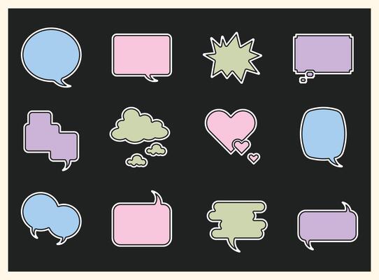 Empty comic speech bubbles set with black halftone shadows. Vintage design, pastel color, pop art style - stock