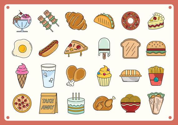 Food icons set colorful. Collection black outline logo for mobile apps web or site design full color, retro