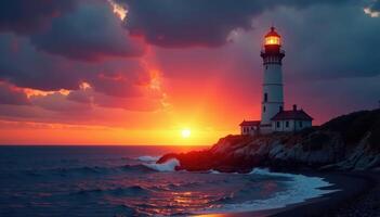 A lighthouse is shown in the sunset photo