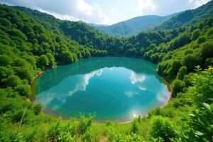 A beautiful lake surrounded by green trees photo