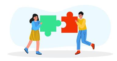 Two Individuals Engaging in a Collaborative Activity with Colorful Puzzle Pieces Together vector
