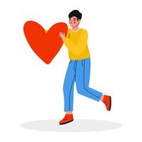 A Happy Young Man Joyfully Running While Holding a Heart Symbol for Love and Affection vector