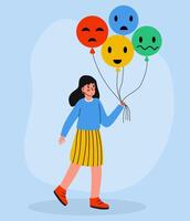 A girl happily holds colorful balloons symbolizing emotions, with playful expressions and a smile vector