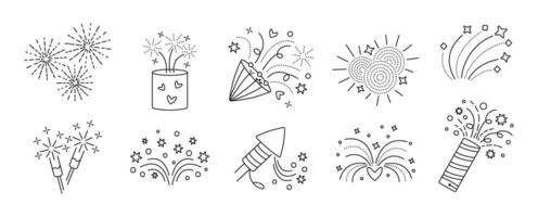 Fireworks icon set. Sparklers and firecrackers black line pictograms. Salute, sparkle editable stroke signs. Collection for festive events, confetti and sparkles symbols vector