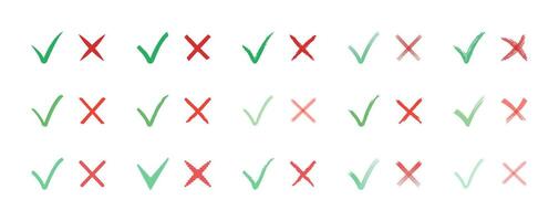 Check marks and crosses set, green ticks and red X line icons for checkboxes and voting documents. Approval and rejection signs in different variations vector