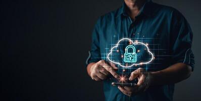 man holding cloud computing diagram show on hand. Data storage.Cloud technology.Secure backup Network and internet service concept.Implementation storage technology in business. IT support. photo