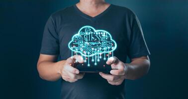 Hand hold icon cloud computing technology.secure backup online digital networking and internet connection service concept.data storage center system sharing management for upload download transfer photo