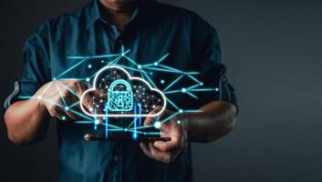 Cloud technology.Secure backup Networking and internet service concept.man touch cloud computing diagram show on hand. Data storage.Implementation storage technology in business. IT support. photo