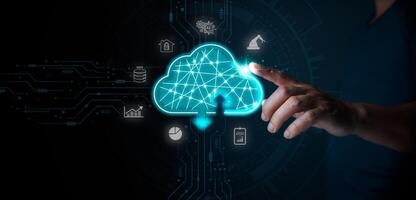 Cloud tech system sharing management for upload download transfer, touch Cloud computing diagram.Data center storage.online digital network technology in business, internet connection service concept. photo