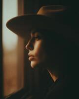 A woman in a hat looking out the window photo