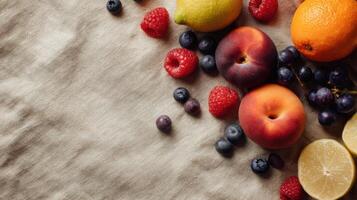 Fresh fruits and vegetables on a table photo