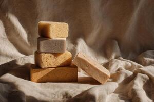 Soap bars stacked on a white cloth photo