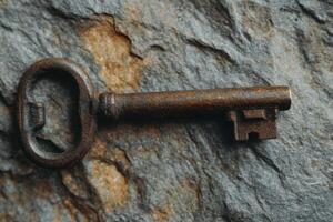 An old key on a stone wall photo