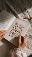 Woman reading book with flowers photo