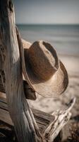 A hat sits on a wooden bench near the beach photo
