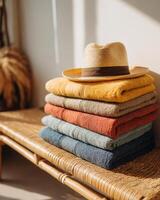 A stack of towels and a hat on a wooden bench photo