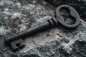 An old rusty key laying on top of a rock photo