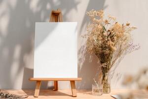 Blank canvas on easel with flowers photo