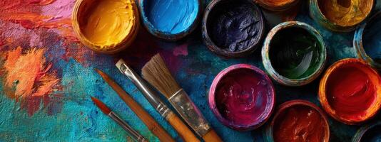 Paint brushes and paint pots on a colorful painting photo