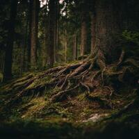 A forest with trees and roots photo