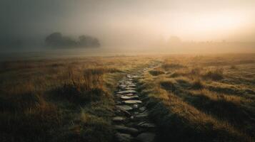 A stone path in the fog with grass and trees photo