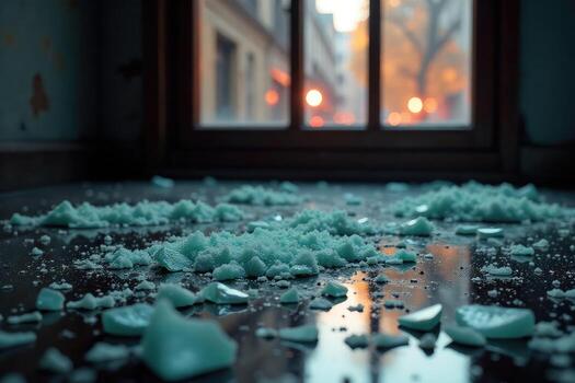 Close-up of a shattered window, shards of glass scattered on the ground, signifying the aftermath of a violent crime , consequence, fear photo