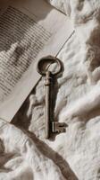 A key laying on top of an open book photo