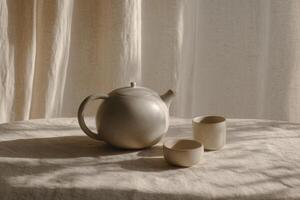 A white tea pot and two cups on a table photo