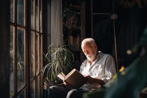 An elderly man sitting in front of a window reading a book photo