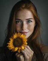 A redhead woman with freckles holding a sunflower photo
