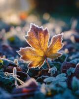 A maple leaf sits on the ground covered in frost photo