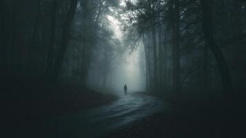 A person walking down a dark road in the woods photo