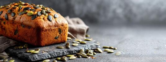 un pan de un pan con calabaza semillas en parte superior foto
