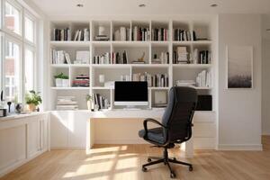 A home office with a desk and bookshelf photo