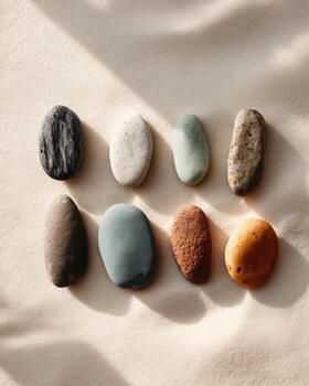 A group of pebbles arranged in a row on a white surface photo