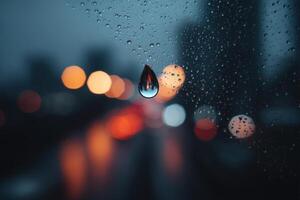 Raindrops on a window with blurred lights photo