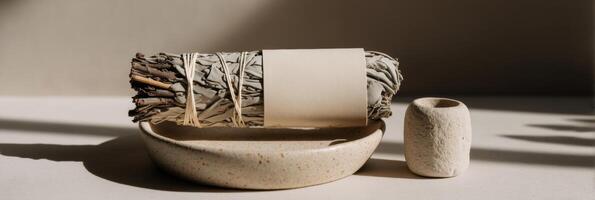 A bowl with a wooden handle and a piece of white paper photo