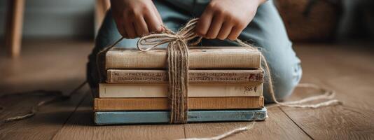 A person is holding a stack of books photo