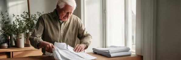 An elderly man is folding clothes on a table photo