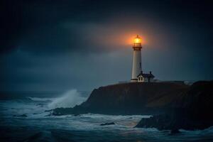 A lighthouse is lit up on a stormy night photo