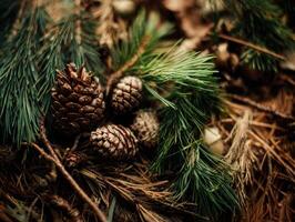 Pine cones and pine needles on the ground photo
