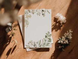 Wedding invitation with watercolor leaves photo