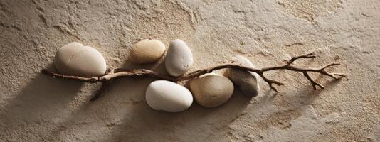 A group of stones and twigs on a wall photo