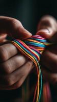 A person holding a string of colored yarn photo