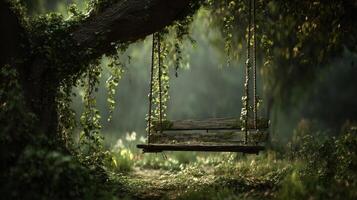 A swing is hanging from a tree in the woods photo