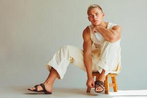 A man sitting on a stool wearing sandals photo