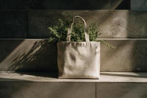 A tote bag with a plant sitting on it photo
