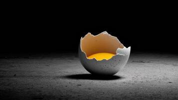 An egg is cracked open in a dark room photo