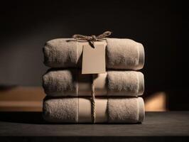 Three towels wrapped in brown cloth tied with a tag photo