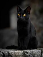 A black cat with yellow eyes sitting on a stone wall photo